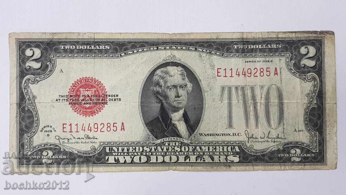 Rară Bancnotă 2 dolari 1928 G America, USA - JEFERSON