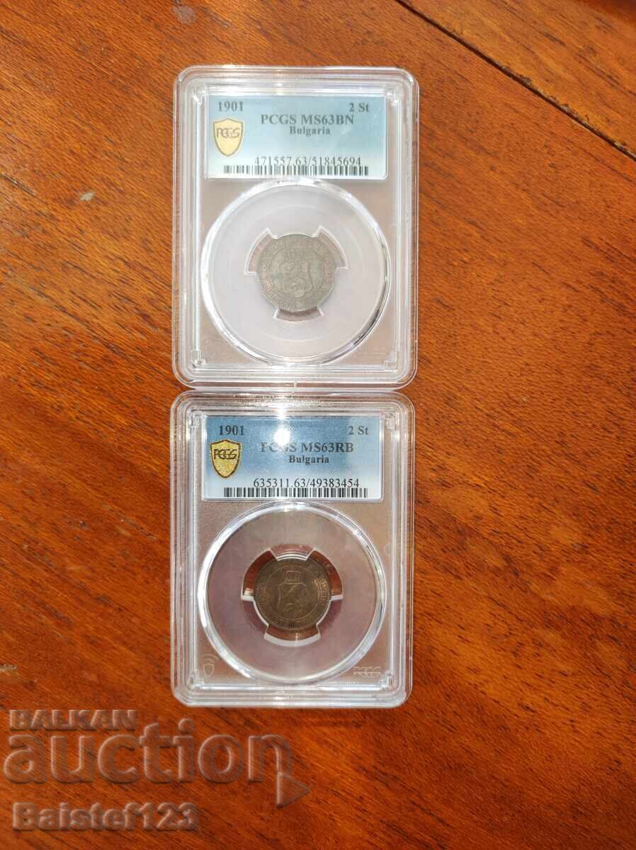 Licitație Două bucăți de 2 St 1901 MS63 RB și BN