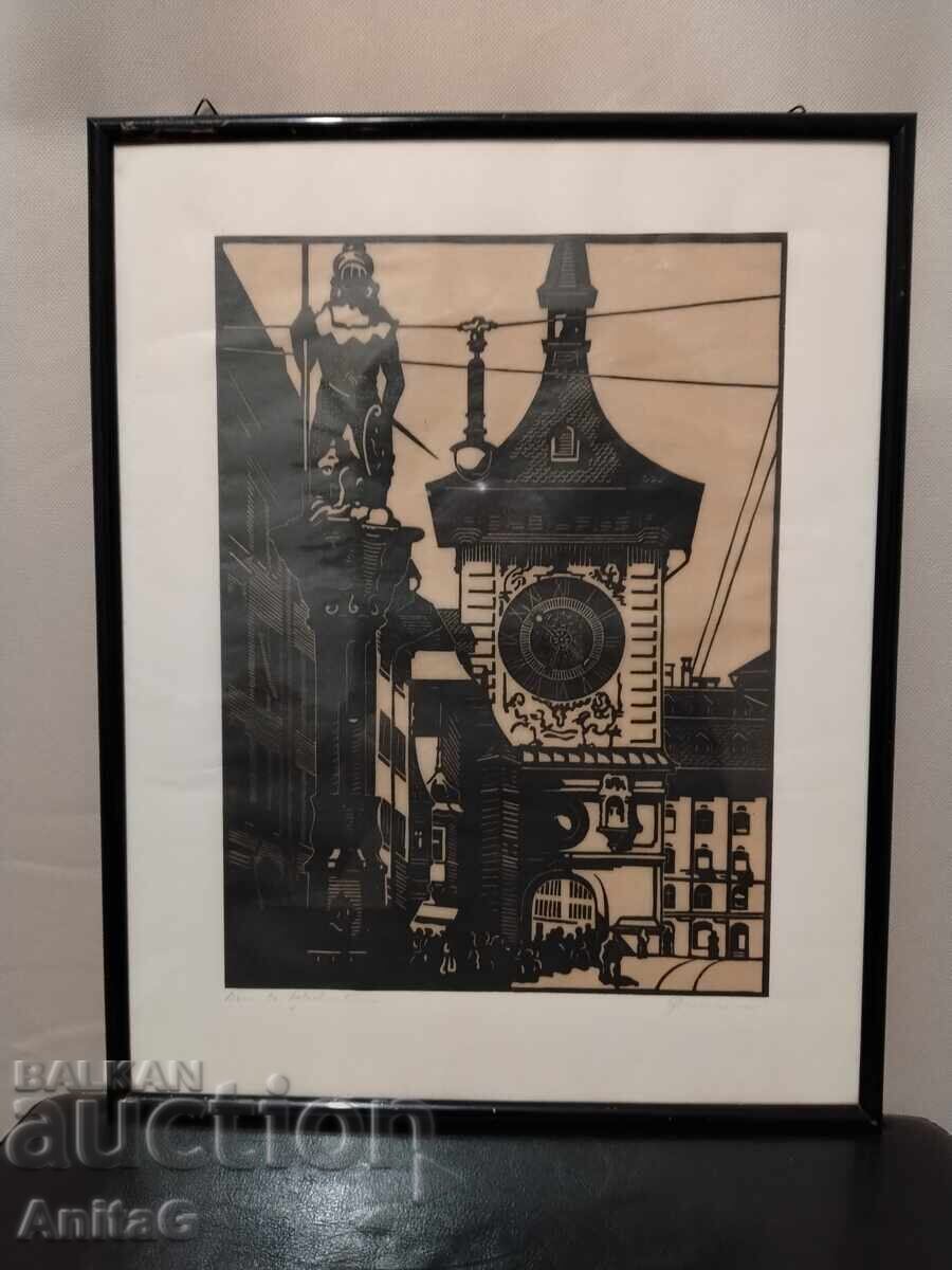 Ξυλογραφία „Bern, Zeitglockenturm“, 1930 – Υπογεγραμμένο Ξυλογραφία „Bern, Zeitglockenturm“, 1930 – Υπογεγραμμένο