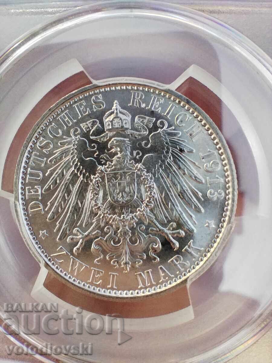 Prusia 2 Mărci 1913-A MS63 PCGS - Greșeală rară la slab