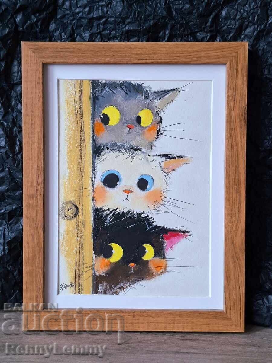 Pisicuțe curioase, ilustrație originală, cărbune/pastel