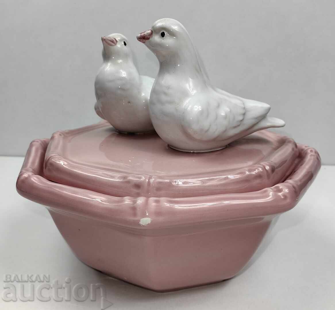 Licitație ITALICA ARA PORȚELAN BOL CU CAPAC CUTIE PORUMBEI PORUMBEL PASĂRE