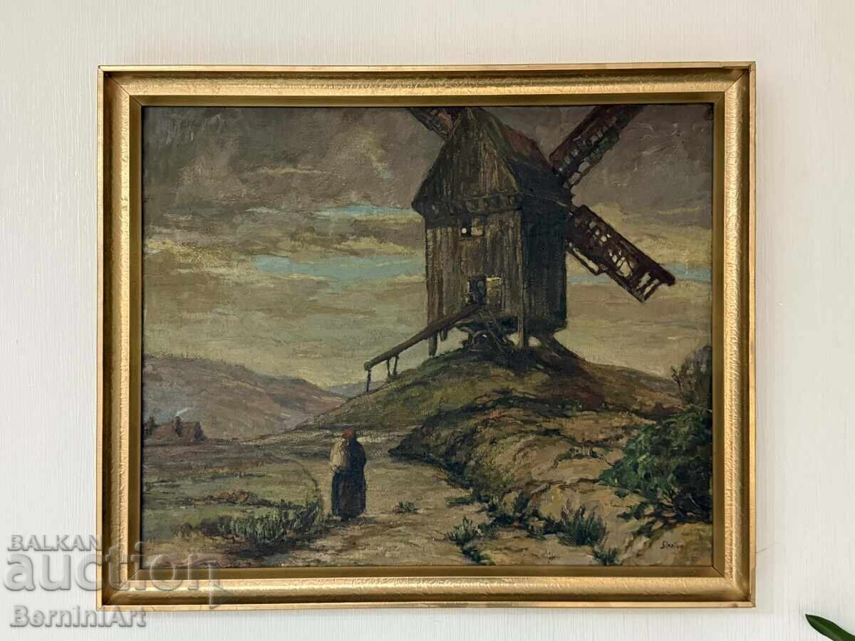 Pictură veche "Moara de vânt"