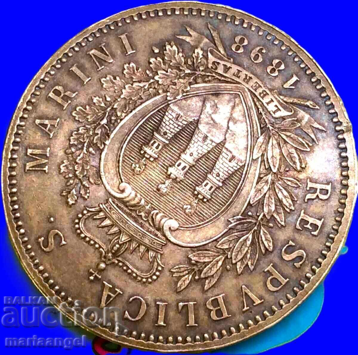 Livrarea San Marino 5 Lire 1898 25,00g argint Patină aurie - rară Livrarea San Marino 5 Lire 1898 25,00g argint Patină aurie - rară