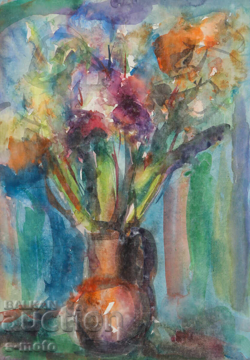 Pictură acuarelă natură moartă cu flori