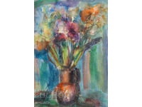 Pictură acuarelă natură moartă cu flori