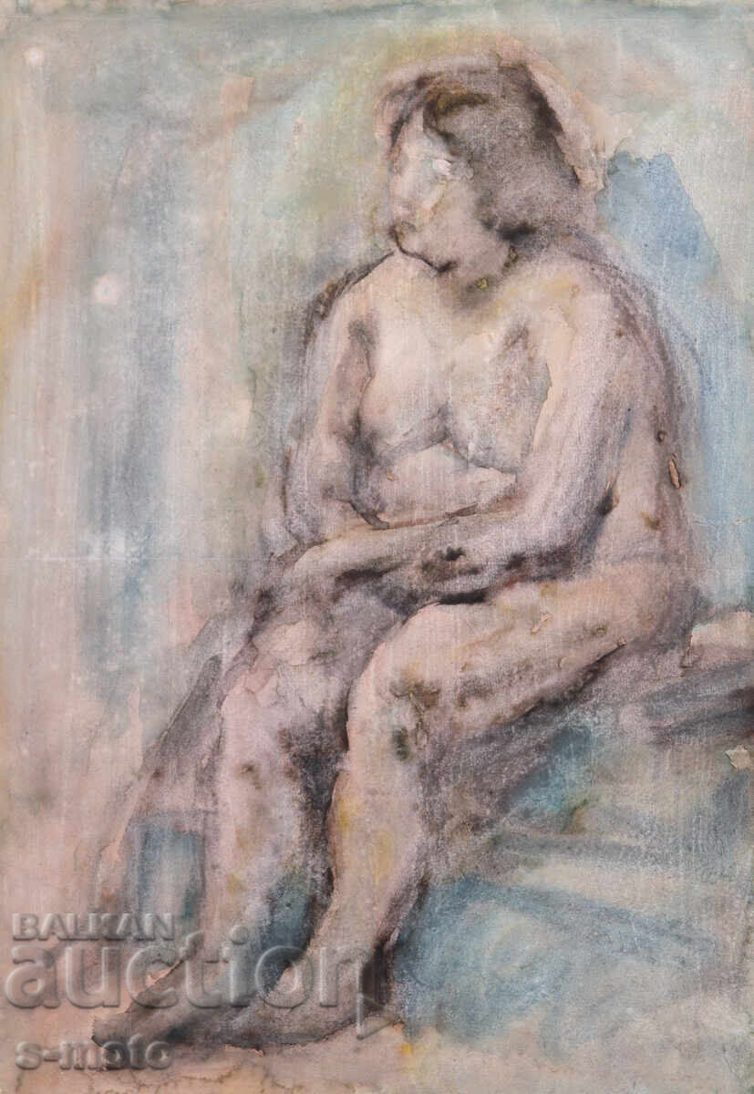 Auction  Watercolor painting female portrait nude body