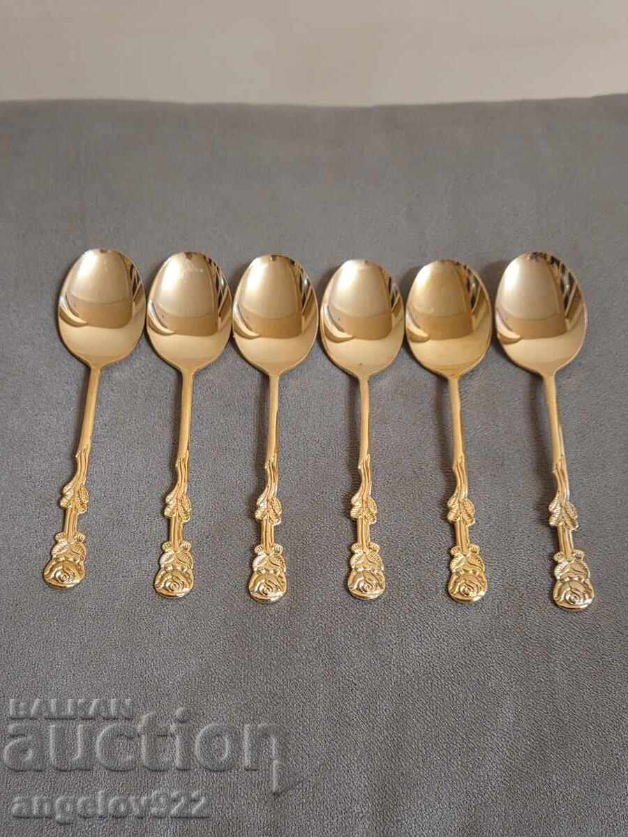 6 bucăți linguri placate cu aur ROSTFRITT STAL