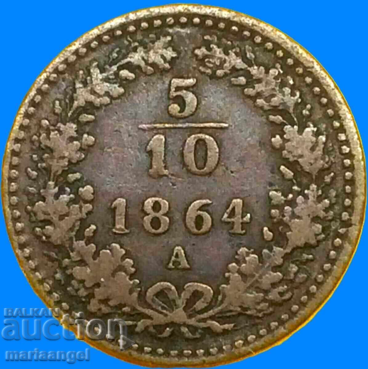 5/10 Kreuzer 1864 jumătate vândut Austria către Italia - RAR - 5