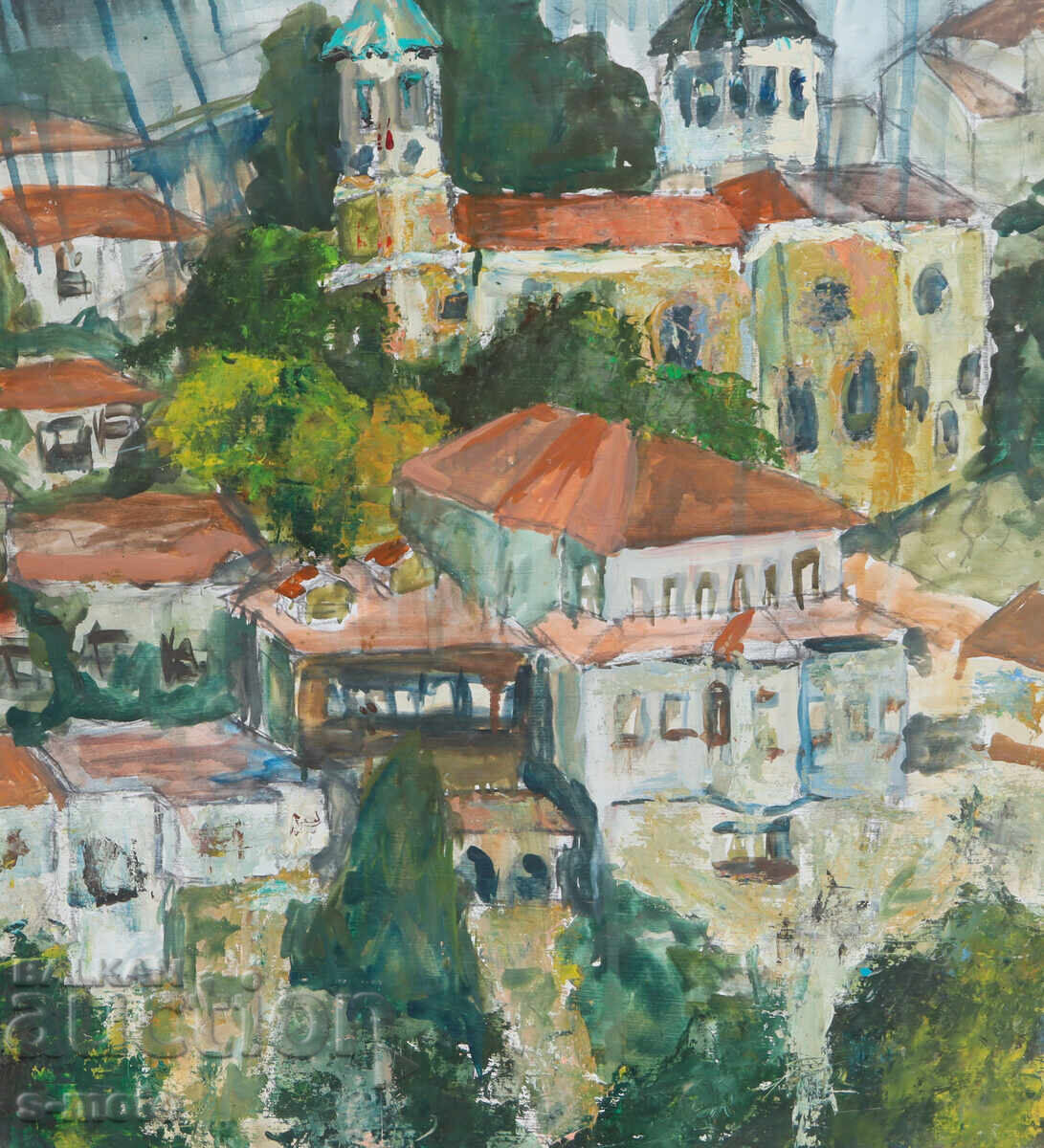 Аукцион Стара картина темпера селски пейзаж