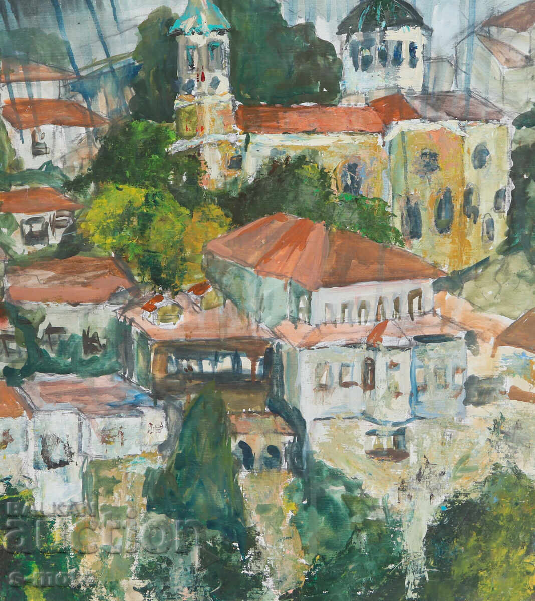 Стара картина темпера селски пейзаж