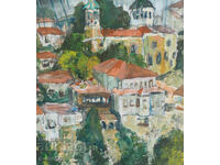 Стара картина темпера селски пейзаж