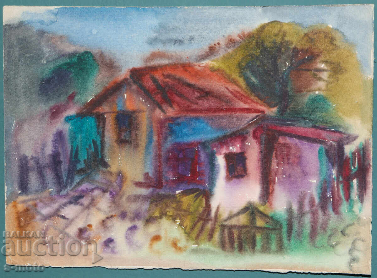 Πίνακας ακουαρέλας, αγροτικό τοπίο, σπίτια με τιμή € 90.00 | 176.02 BGN