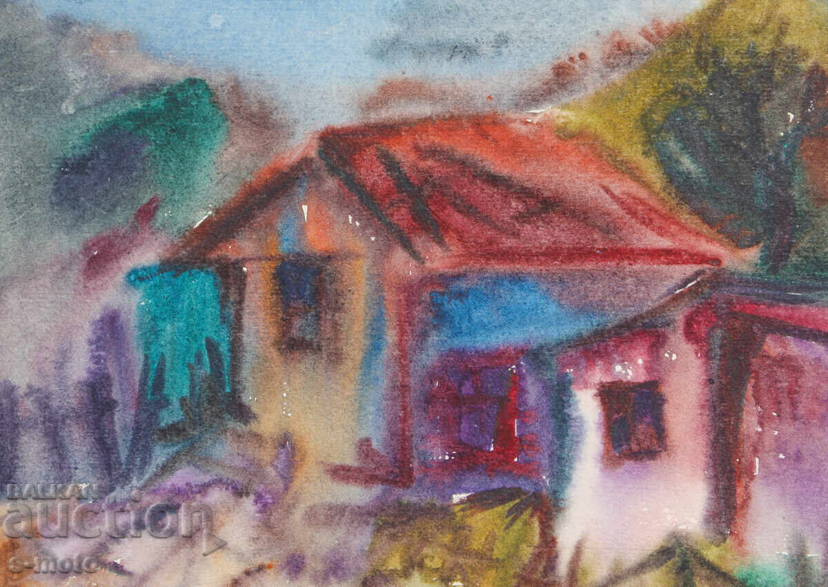 Παράδοση Πίνακας ακουαρέλας, αγροτικό τοπίο, σπίτια