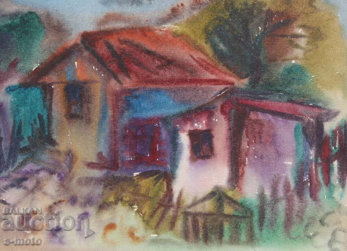 Πίνακας ακουαρέλας, αγροτικό τοπίο, σπίτια - 5