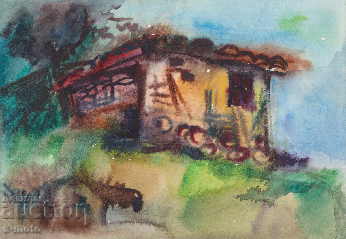 Πίνακας ακουαρέλας, αγροτικό τοπίο, σπίτια Πίνακας ακουαρέλας, αγροτικό τοπίο, σπίτια