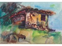 Watercolor painting rural landscape, houses