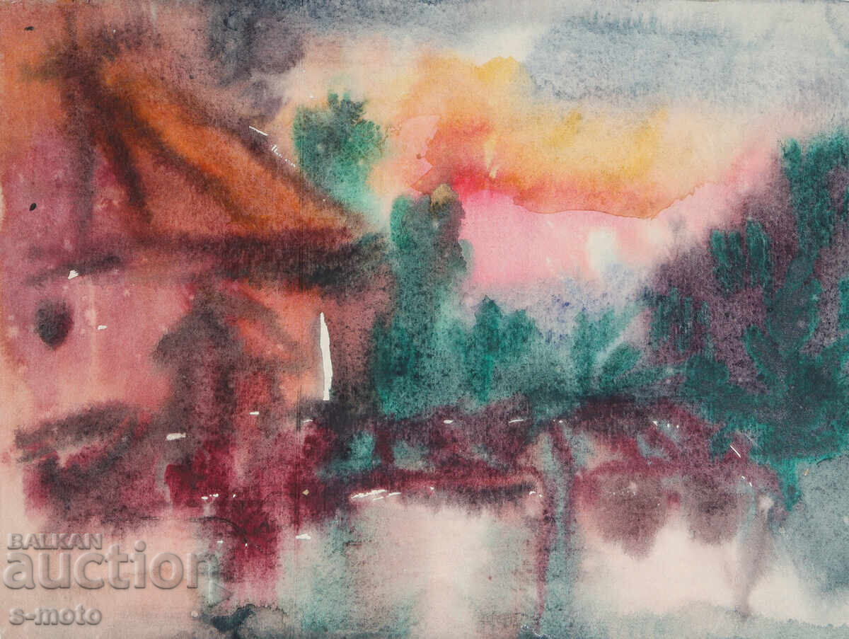 Δημοπρασία Πίνακας ακουαρέλας, αγροτικό τοπίο, σπίτια