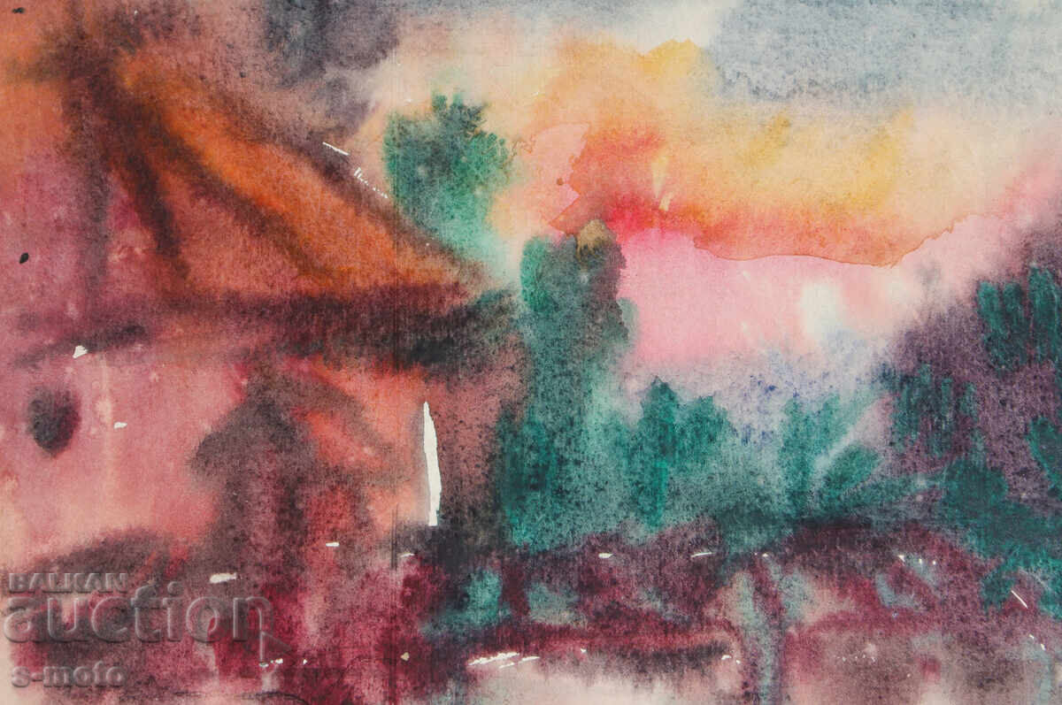 Παράδοση Πίνακας ακουαρέλας, αγροτικό τοπίο, σπίτια