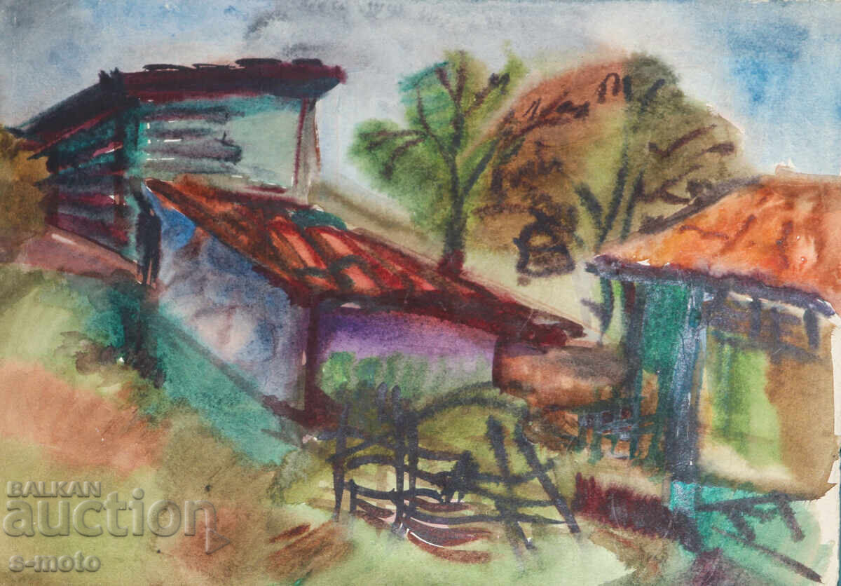 Πίνακας ακουαρέλας, αγροτικό τοπίο, σπίτια