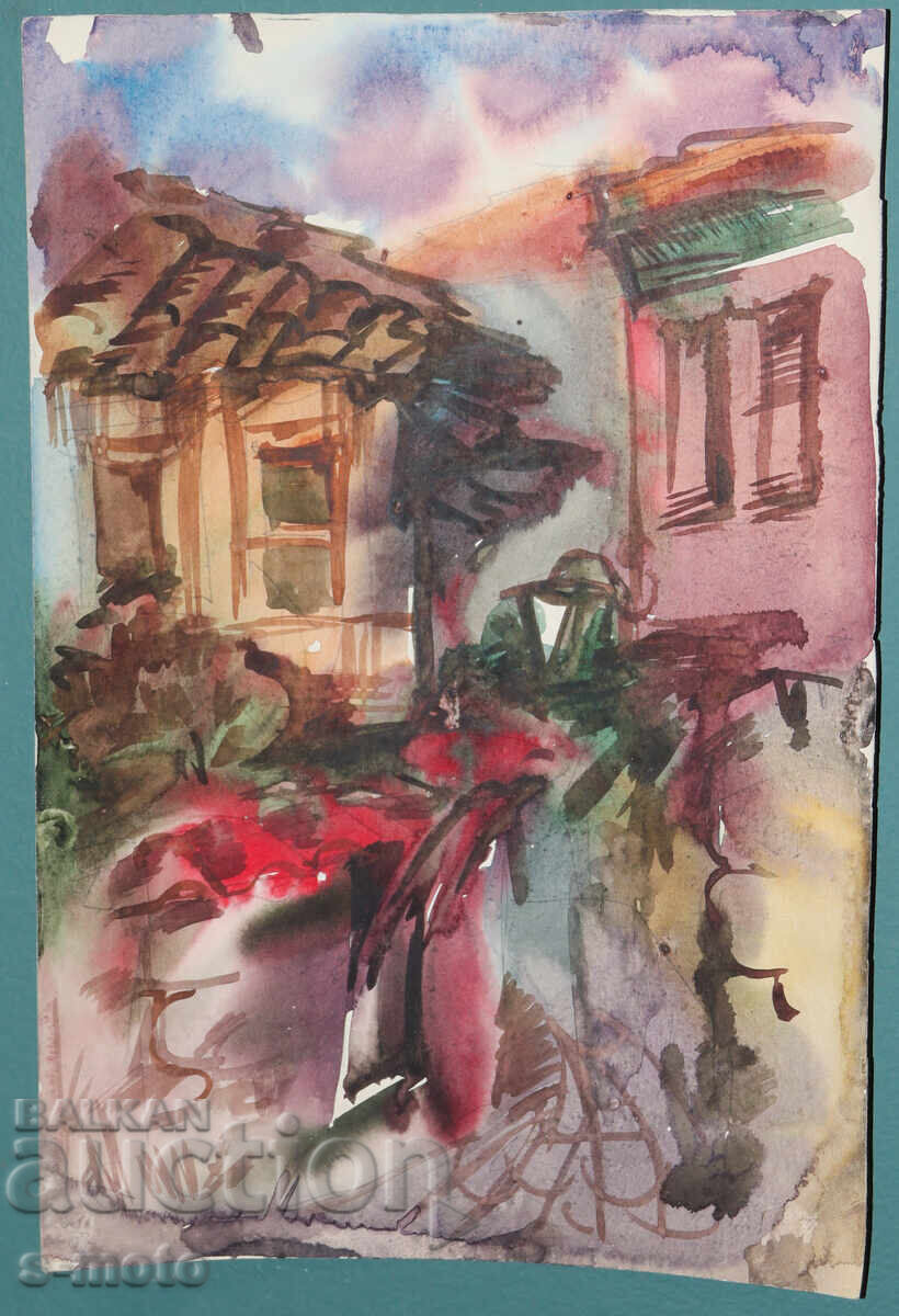 Pictură acuarelă peisaj rural, case cu preț € 90.00 | 176.03 BGN