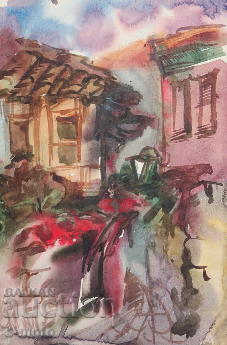 Licitație Pictură acuarelă peisaj rural, case