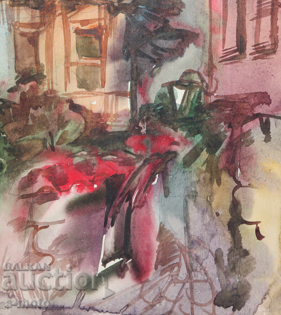 Pictură acuarelă peisaj rural, case - 5