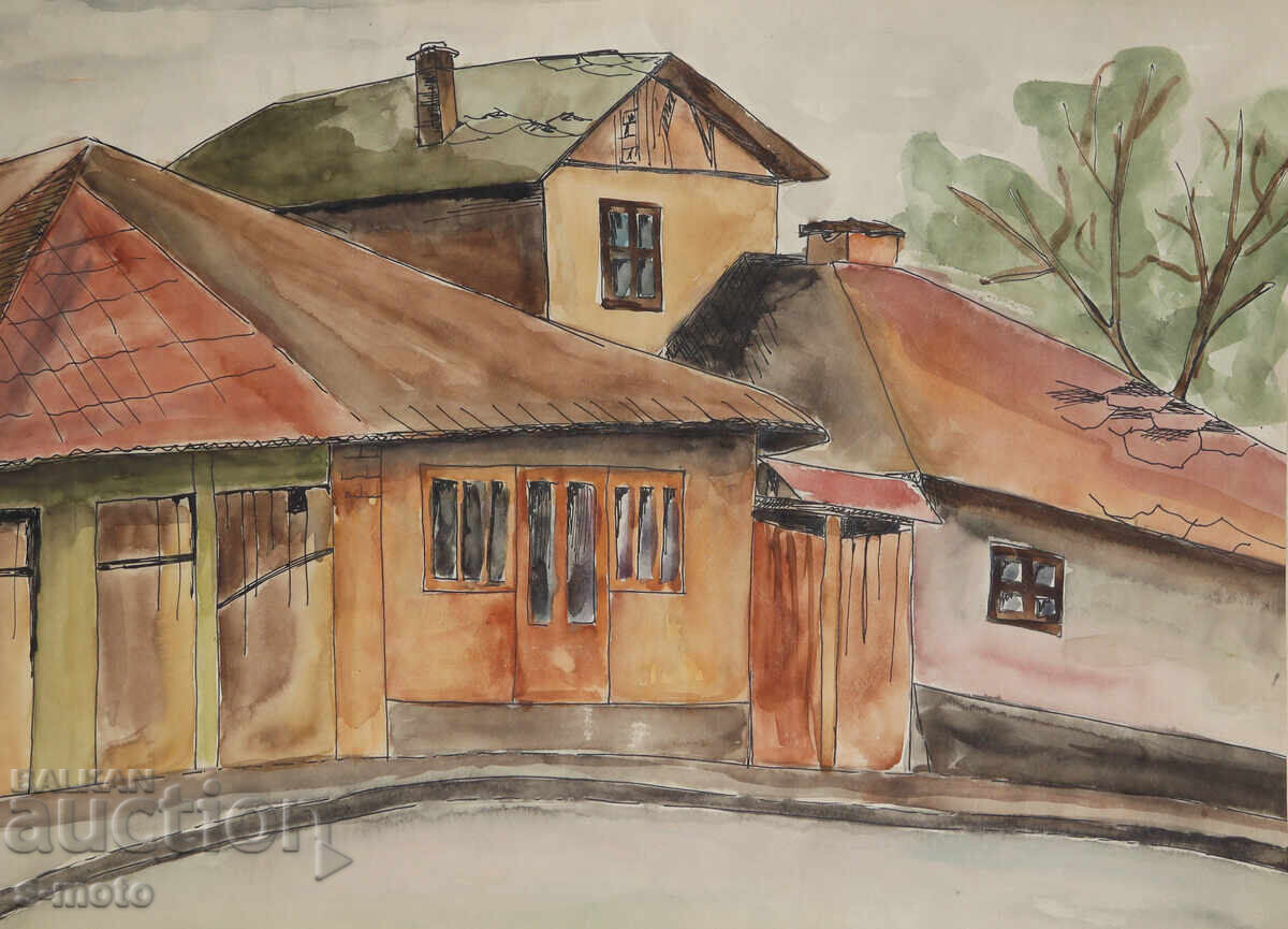 Auction  Old painting cityscape watercolor