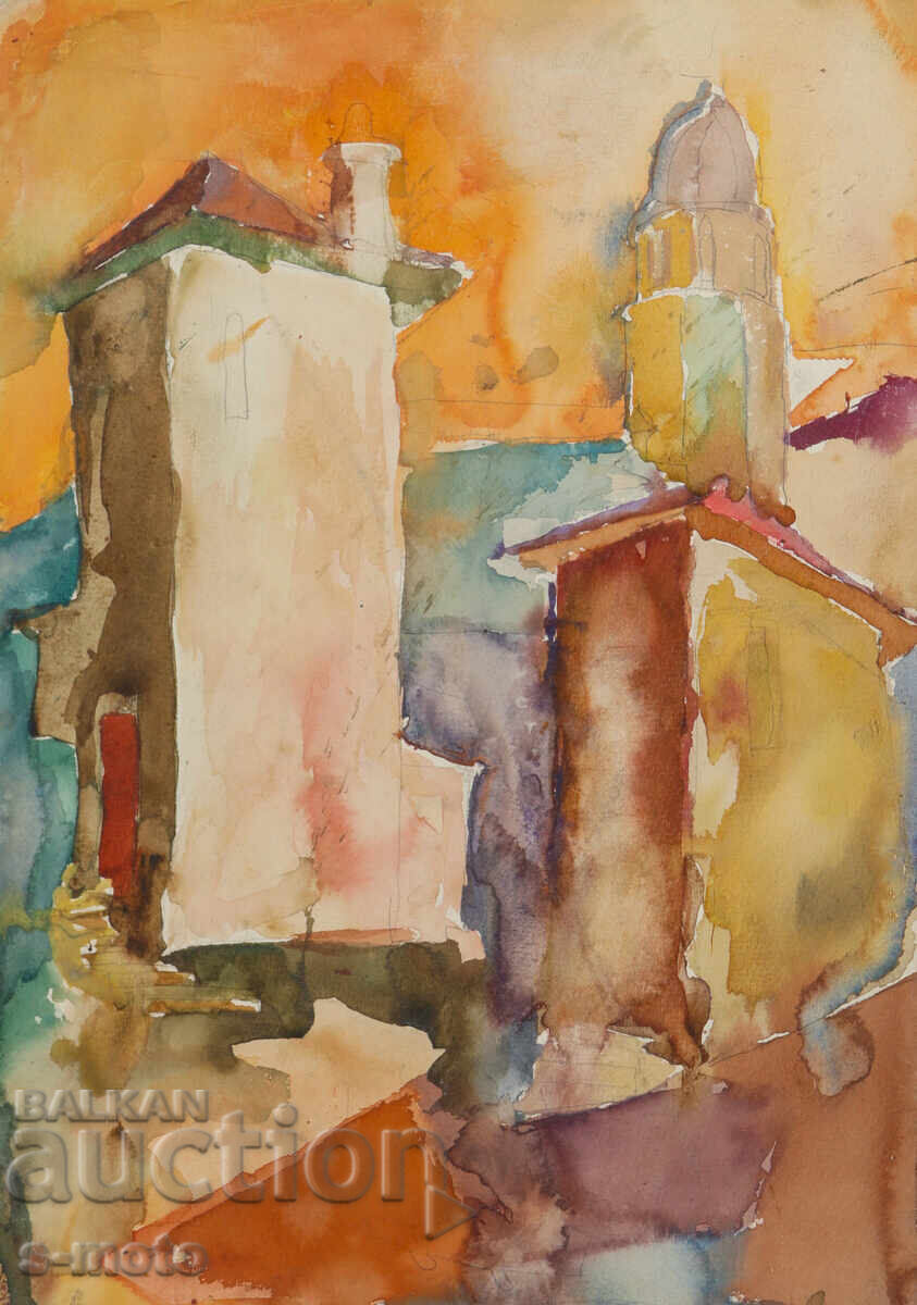 Стара картина пейзаж от Търново акварел Стара картина пейзаж от Търново акварел