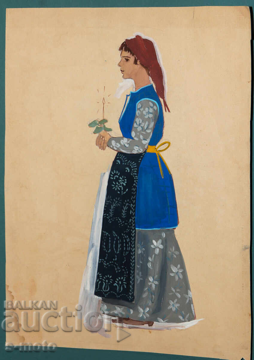 Tablou vechi guașă femeie în costum popular cu preț € 120.00 | 234.70 BGN