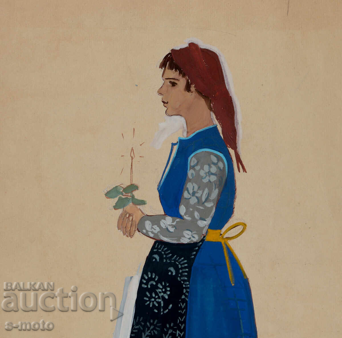 Licitație Tablou vechi guașă femeie în costum popular