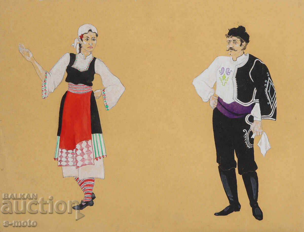Veche pictură bărbat și femeie în costum popular