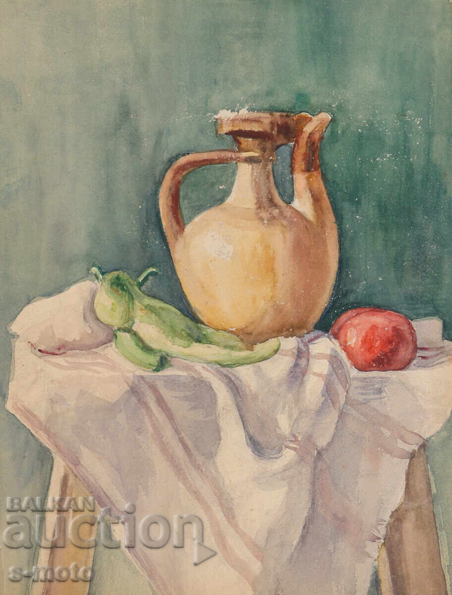 Pictură veche acuarelă natură moartă