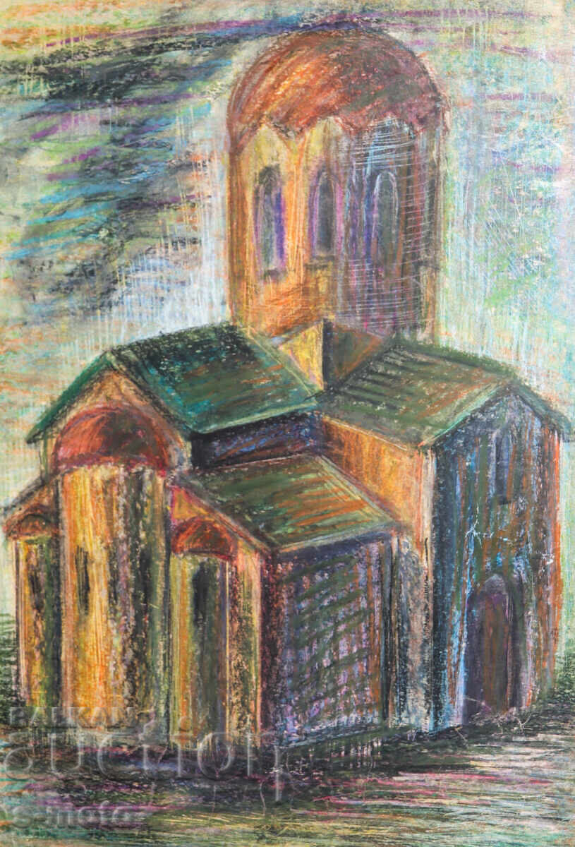 Licitație Veche desen pastel peisaj biserică