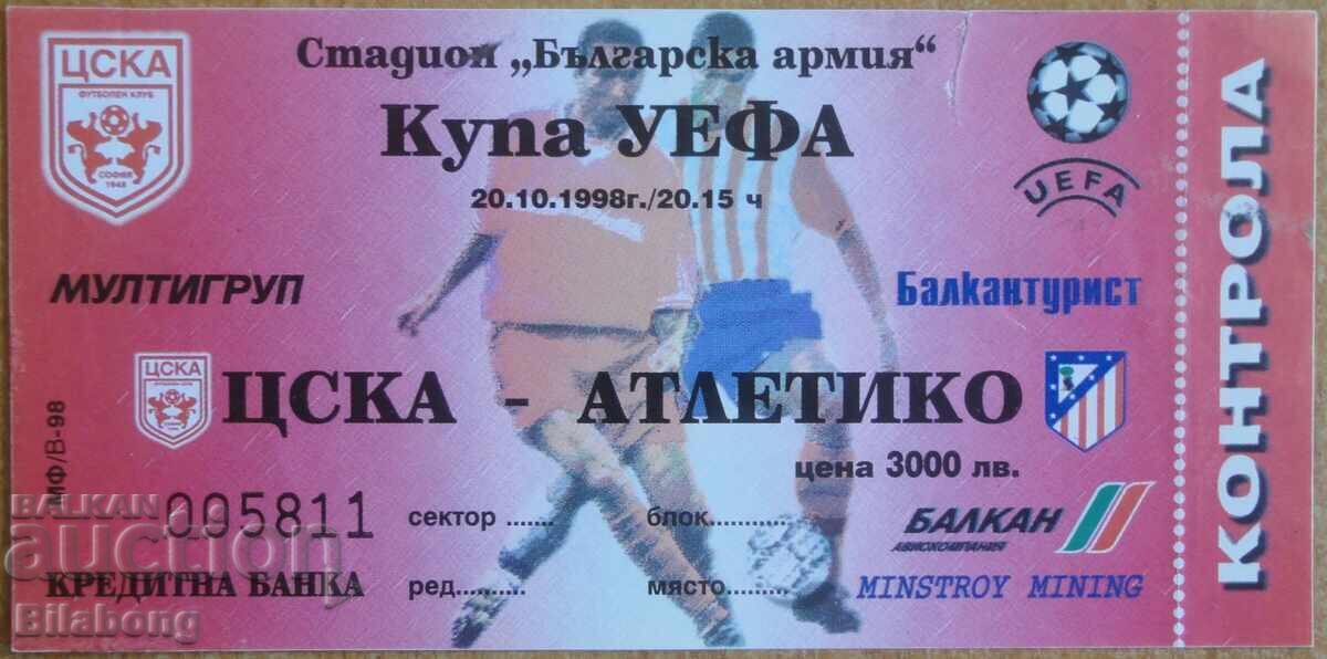 Ticket for football match CSKA - Atletico Madrid, UEFA 1998