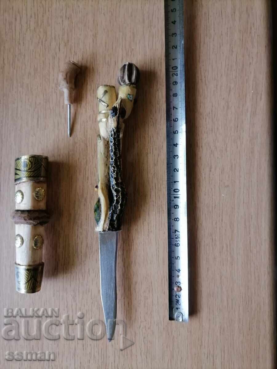 παλιό μαχαίρι με σκαλιστή λαβή από ξύλο πυξαριού, μπρούντζο και πέτρες-φίδι - 5