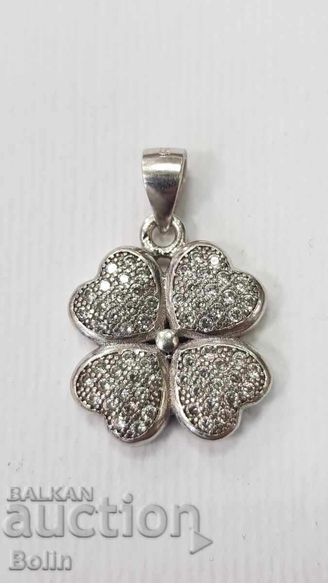 Pandantiv argint, trifoi cu zirconiu, 925