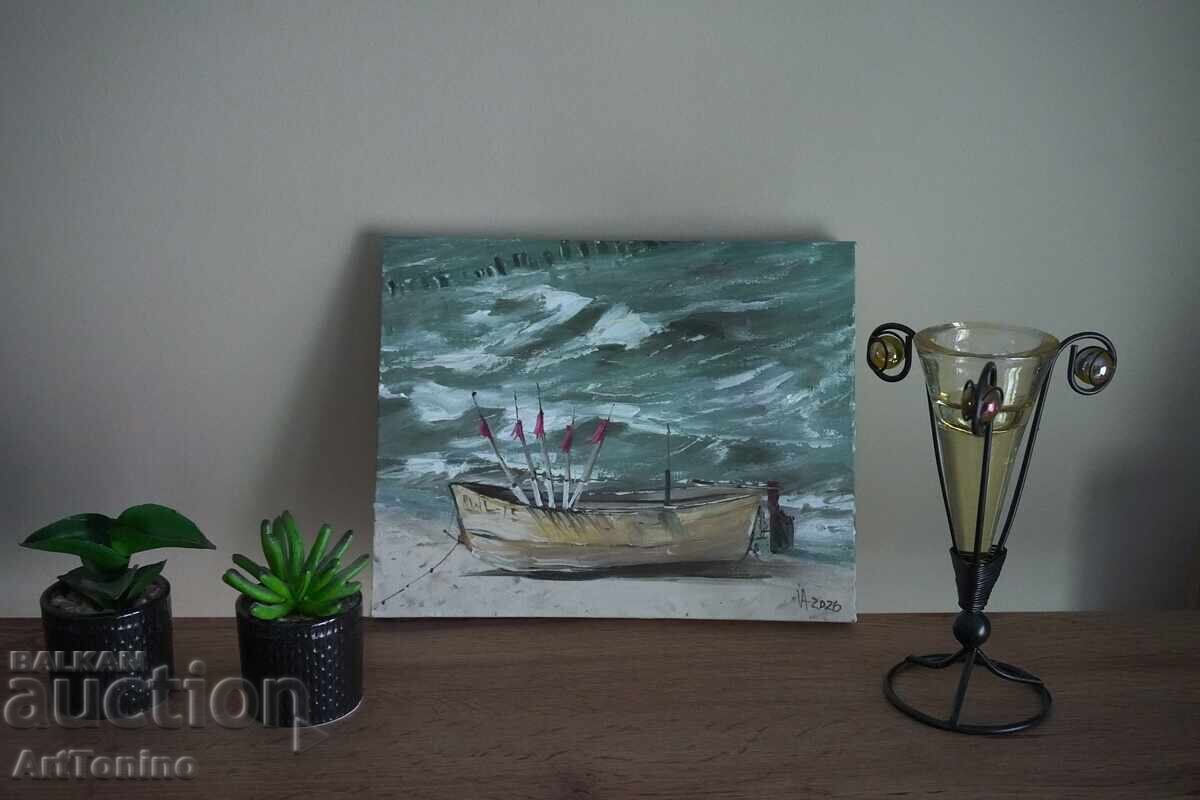 Pictură în ulei - Peisaj marin - Barcă pe mal - Anton Iordanov - 5
