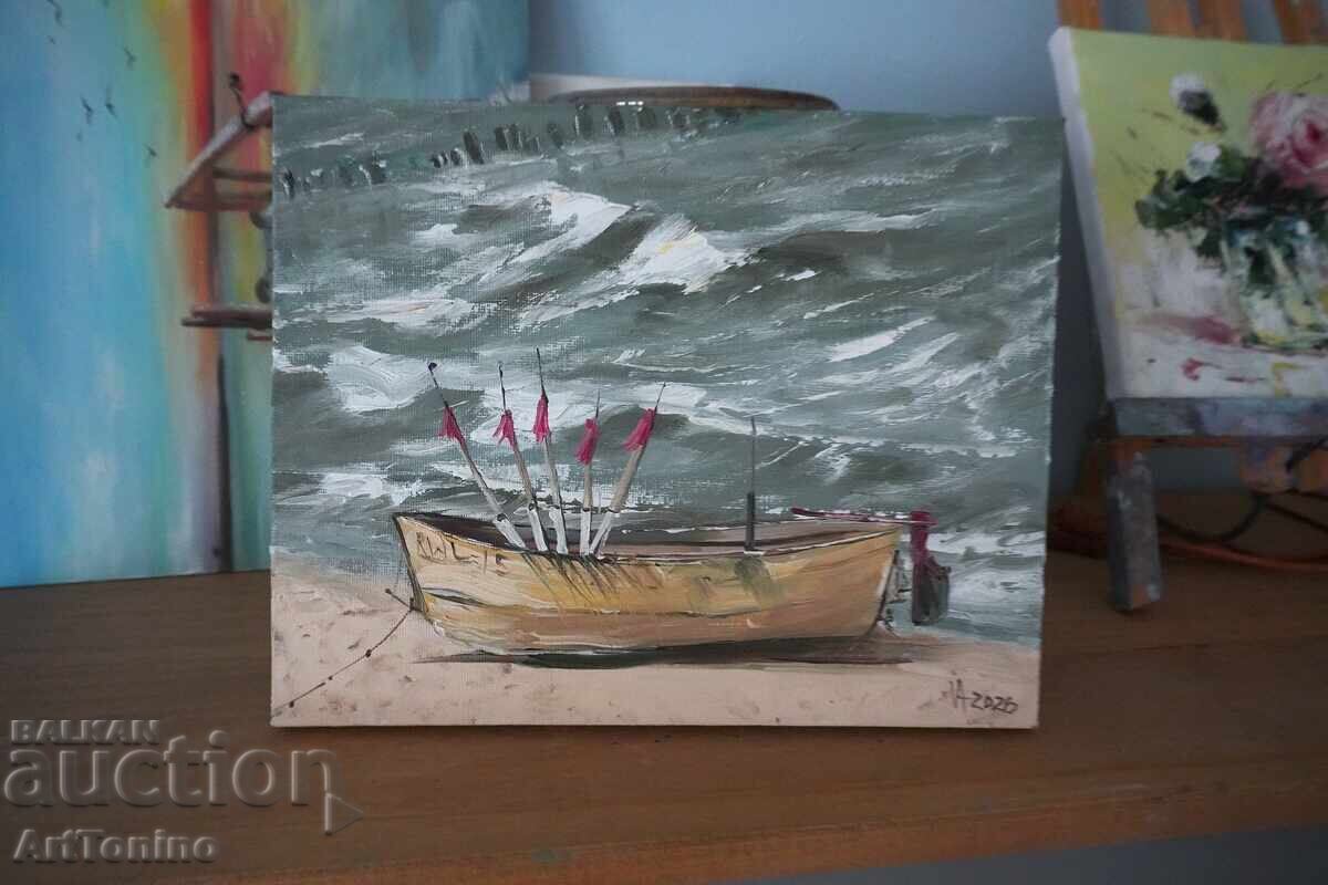 Pictură în ulei - Peisaj marin - Barcă pe mal - Anton Iordanov
