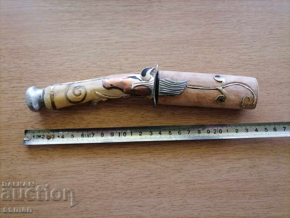 Old knife with carved handle, horse head, bronze, stones Old knife with carved handle, horse head, bronze, stones