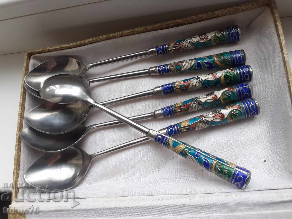 Σετ αντίκες κουταλάκια με κυψελωτό σμάλτο - κλοαζονέ - 5 Σετ αντίκες κουταλάκια με κυψελωτό σμάλτο - κλοαζονέ - 5