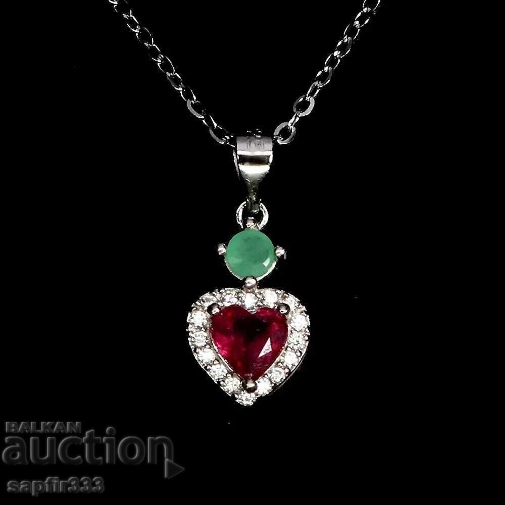 Colier magic de argint cu rubin "Inimă" și smarald