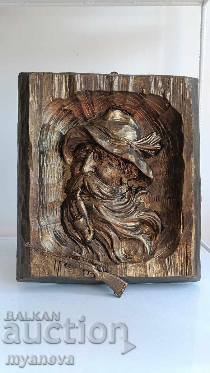 "The Old Hunter", wood carving with metal element, rifle