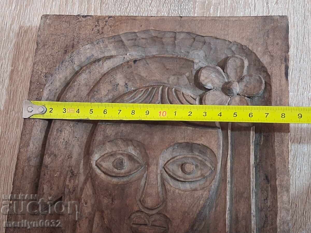 Panou vechi din lemn, mască din lemn, sculptură în lemn - 5