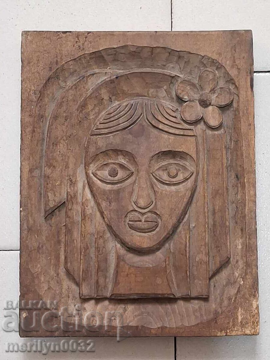 Panou vechi din lemn, mască din lemn, sculptură în lemn - 6