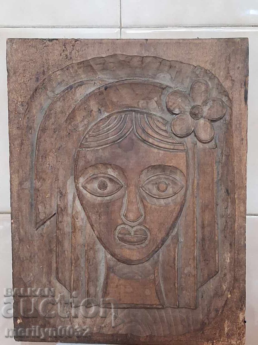 Panou vechi din lemn, mască din lemn, sculptură în lemn - 7