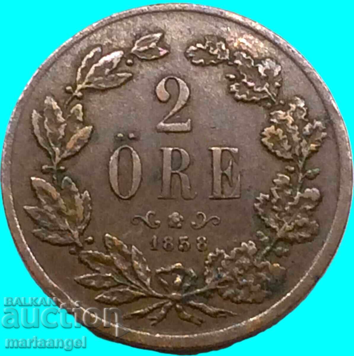 Livrarea Suedia 2 öre 1858 Öre regele Oscar cupru