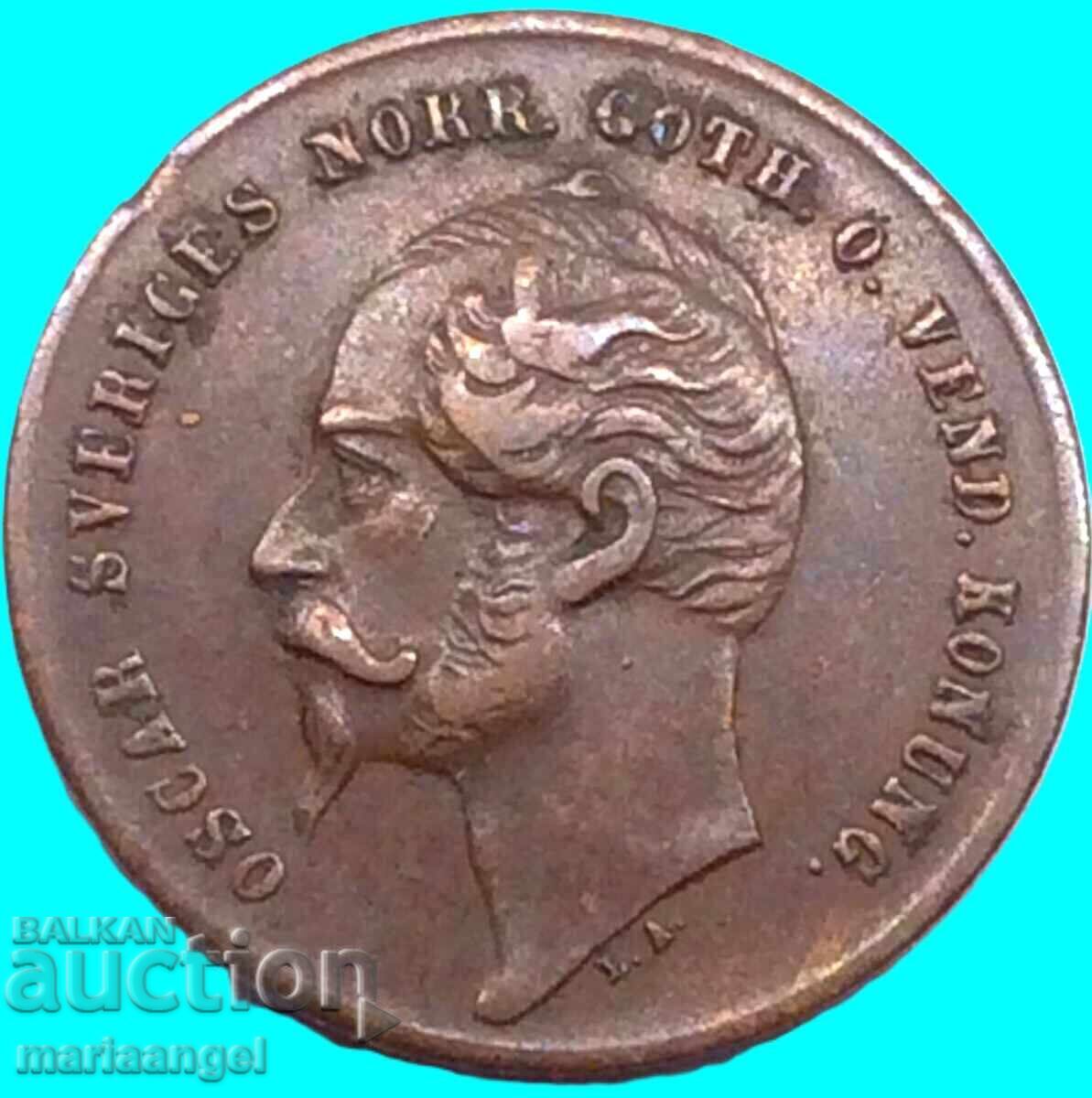 Suedia 2 öre 1858 Öre regele Oscar cupru - 5