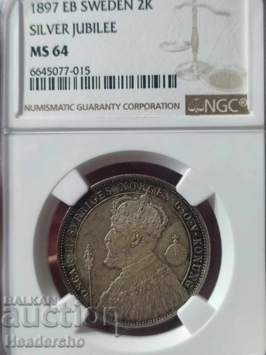 2 Kronor 1897 Sweden, NGC MS 64 (silver)