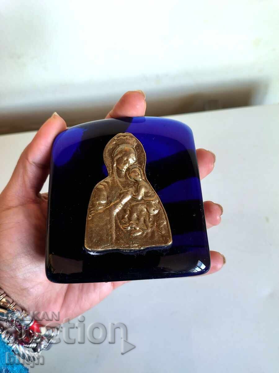Icon Virgin Mary With Child On Cobalt Glass - 5 Icon Virgin Mary With Child On Cobalt Glass - 5